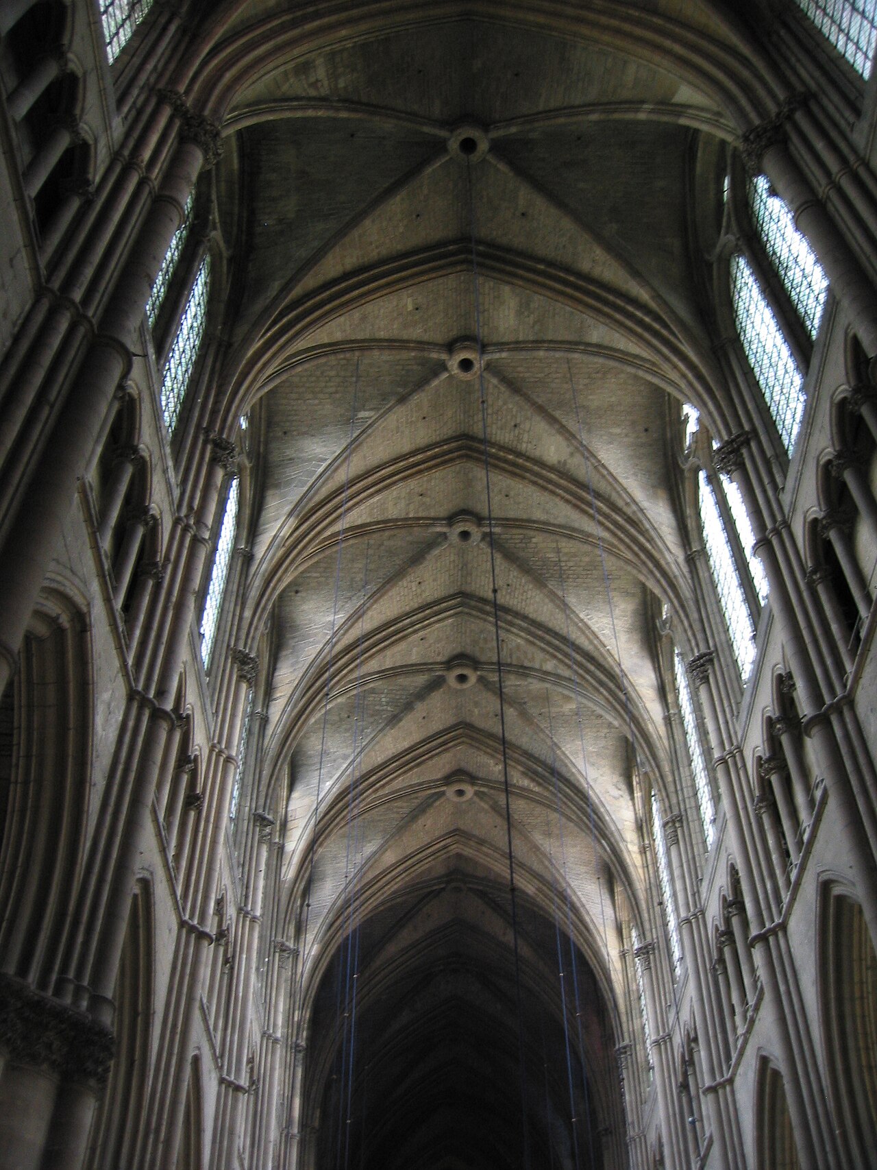 The nave of Reims Cathedral, looking toward the rose window