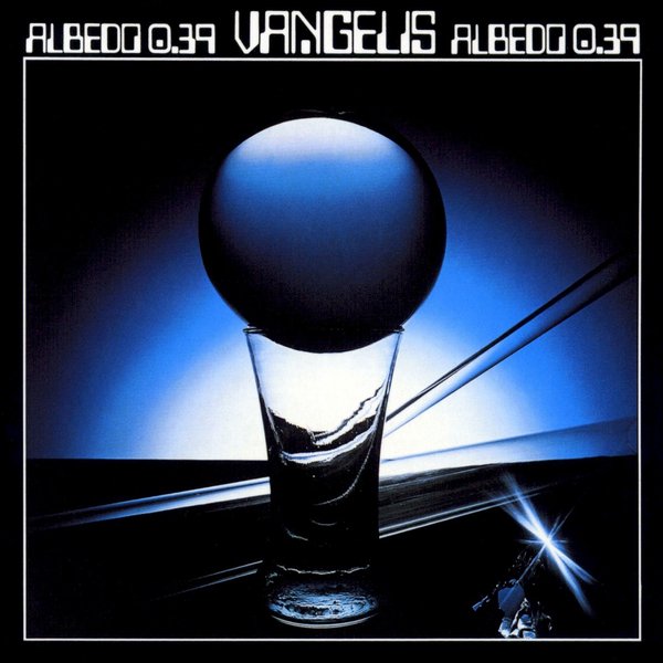 The Albedo 0.39 sleeve. A blue sphere rests on a small glass, with a beam of light slanting behind it
