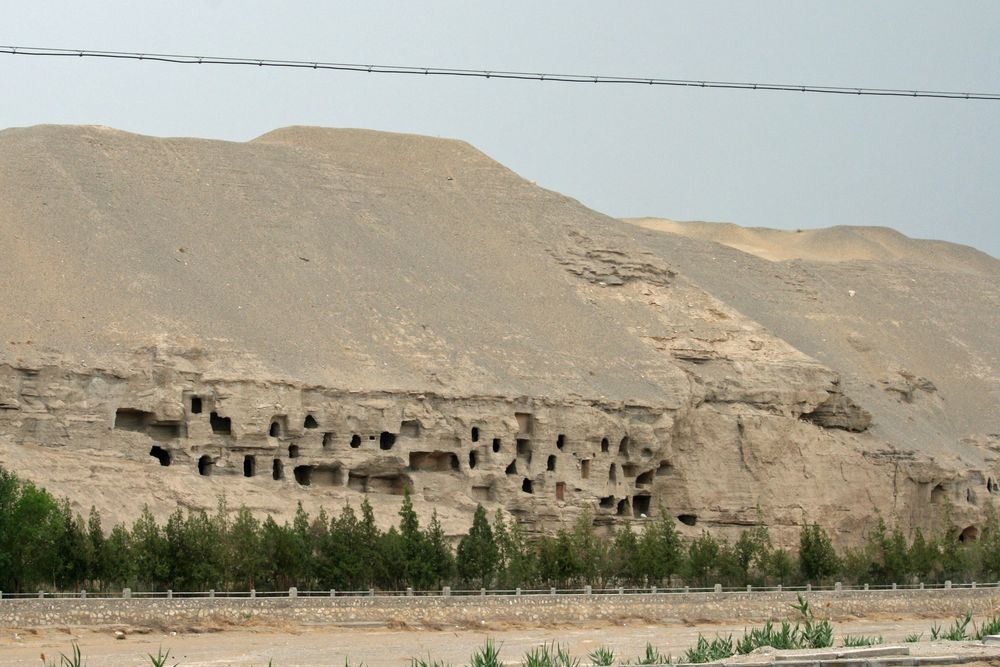 The Mogao Caves at Dunhuang from outside, rows of cave mouths cut into a sandy cliff below the dunes, with a line of trees in front