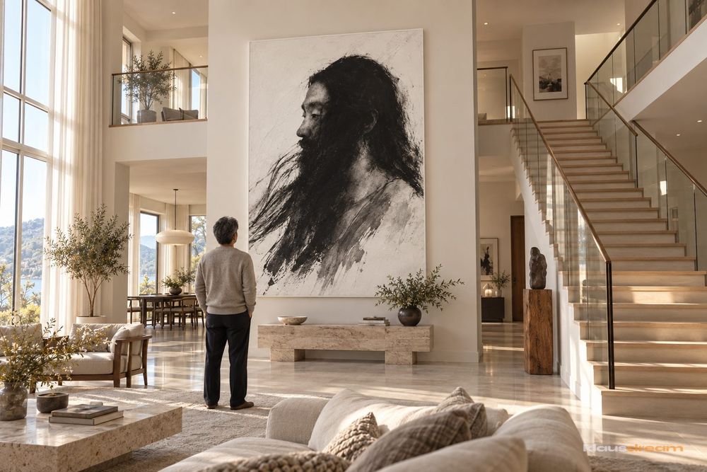 A double-height stair hall in the same home: a two-metre ink portrait of Kitaro, painted from the Tenku sleeve, hangs on the central wall