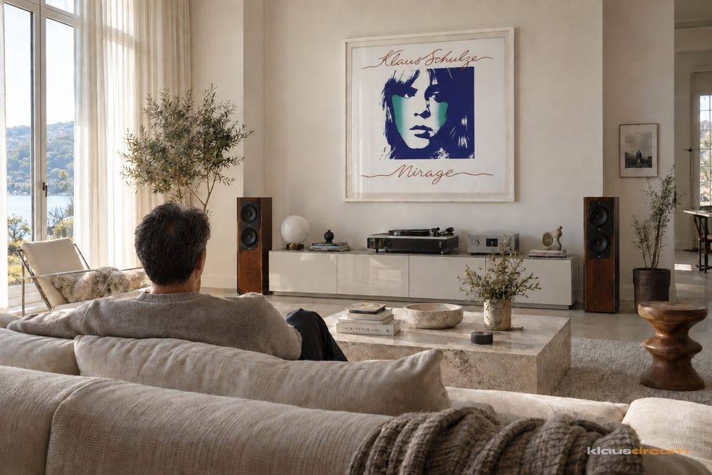A quiet, sunlit living room in a Klaus Schulze listener's home: a turntable and two speakers on a low cabinet, and a one-metre framed print of the Mirage sleeve on the wall above them