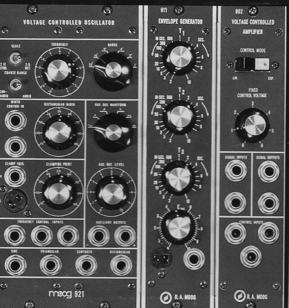 Moog modular synthesizer modules, close up, knobs and patch points