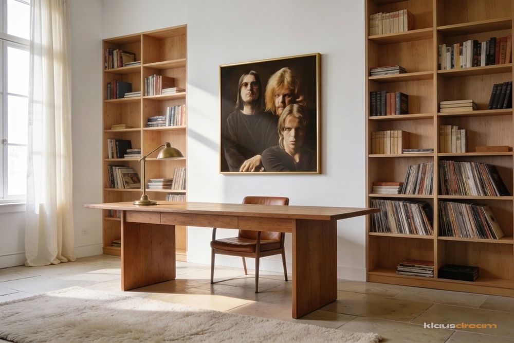 The study in the same home: an oil painting of the nineteen seventies Tangerine Dream trio hangs in a gold frame above the desk, with shelves of books and records on either side