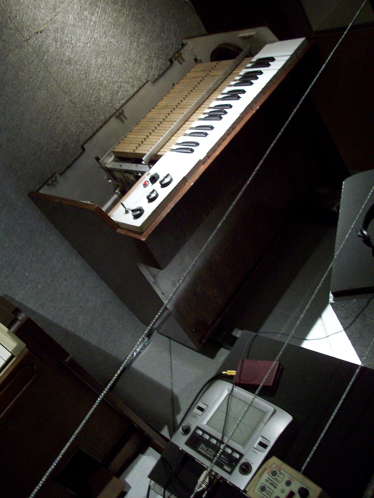 A 1972 Mellotron, wooden cabinet, keyboard lid open