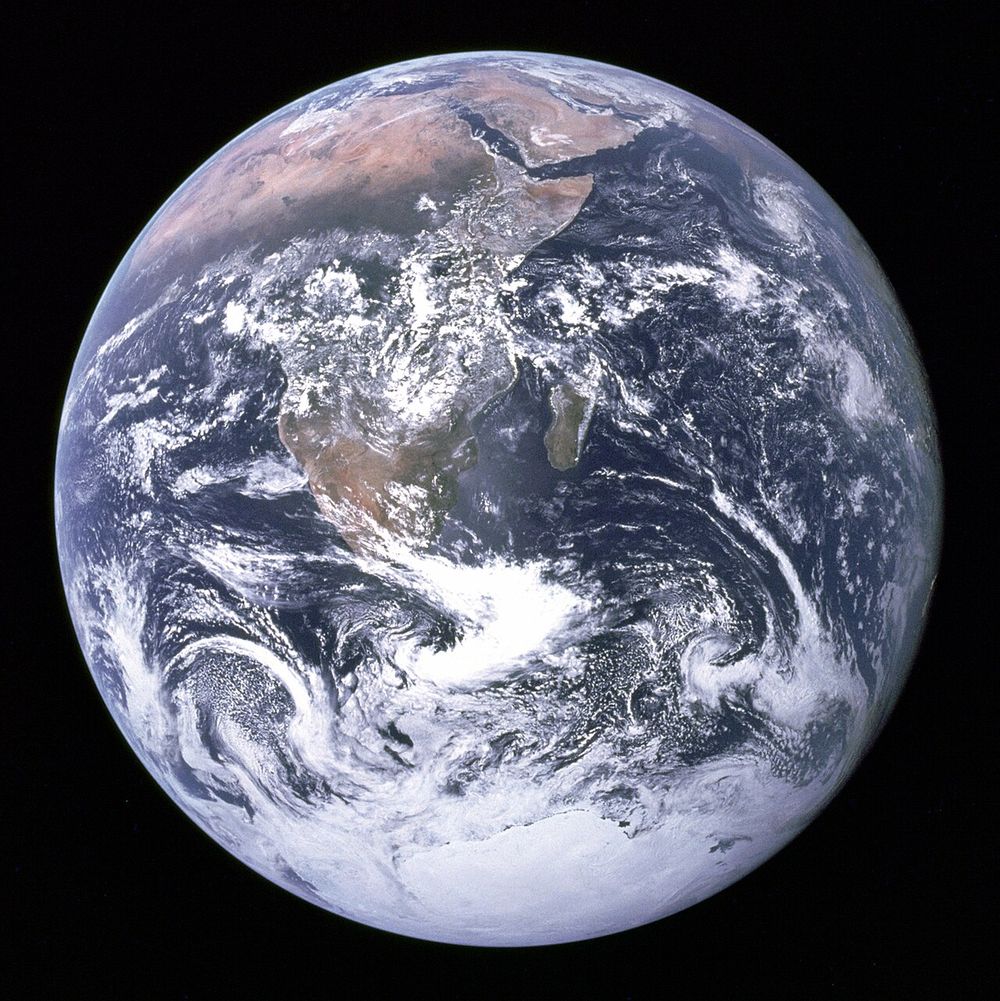 The Earth photographed from Apollo 17 in December 1972, Africa at the top and the Antarctic ice at the bottom